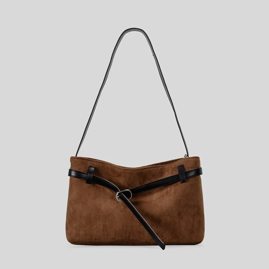 

Vintage Faux Suede Belts Deco Tote Bag 2025 Autumn and Winter New Womne Shoulder Bags Maillard Crossbody Bag