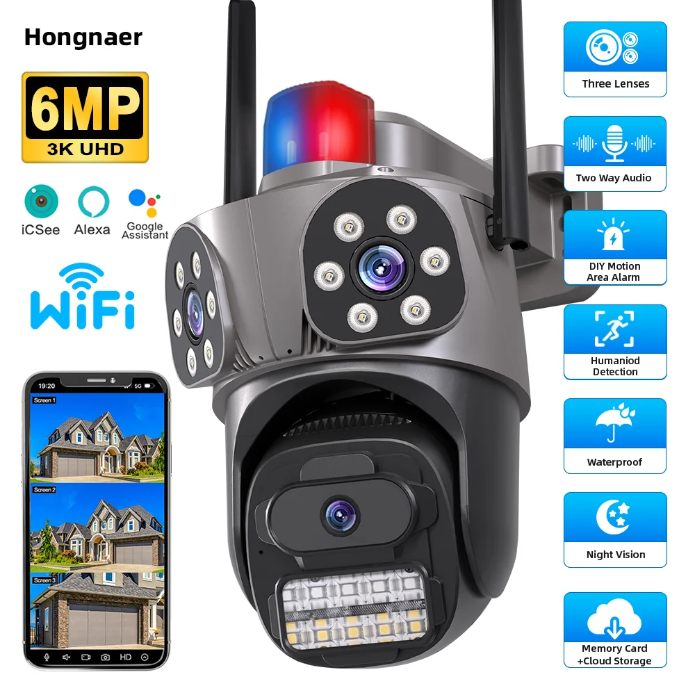 

Hongnaer 6MP 3K три объектива уличная PTZ IP ICSee видеосеть ночного видения Wi-Fi домашняя безопасность CCTV беспроводная камера