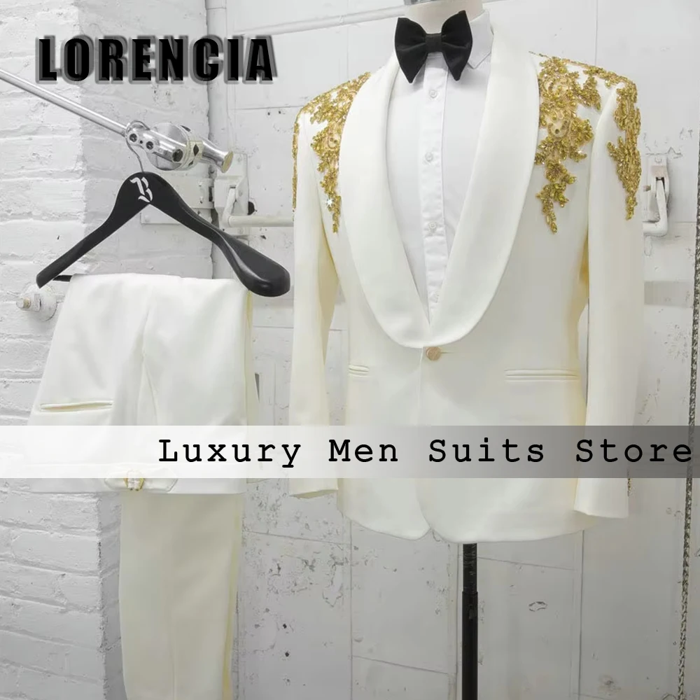 

Glitter Crystal Applique Suits for Male 2 Shawl Collar Tuxedos Groom Wedding Customized Blazer Pants terno smoking masculino