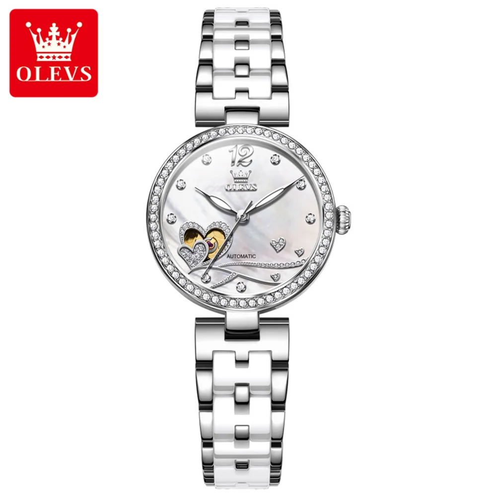 OLEVS Brand Luxury Ceramic Mechancial Watch for Women Fashion Diamond Bezel Women's Elegant Automatic Watches Skeleton Clock