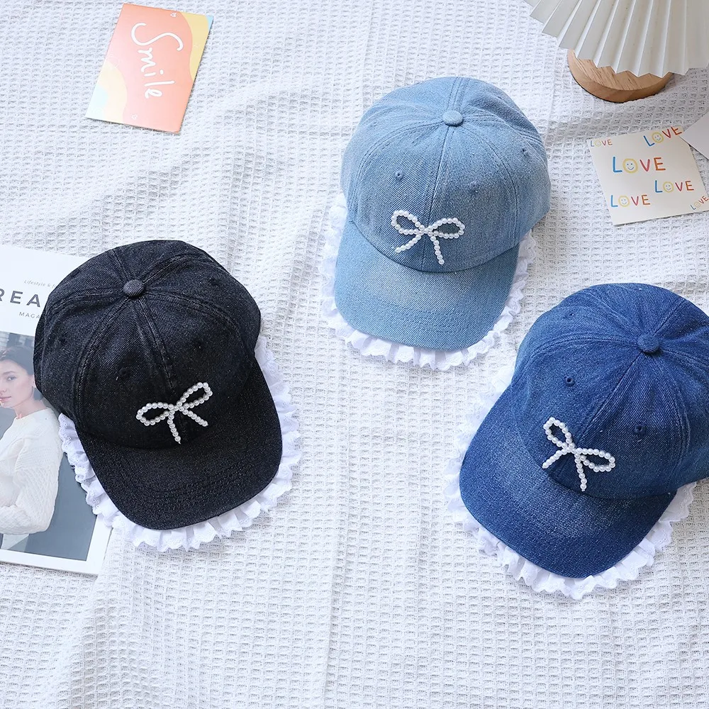 Girls Bow Lace Denim Baseball Hats Fashion Children Peaked Hat Cotton Baby Casual Princess Caps Cotton Retro Kids Sunscreen Cap