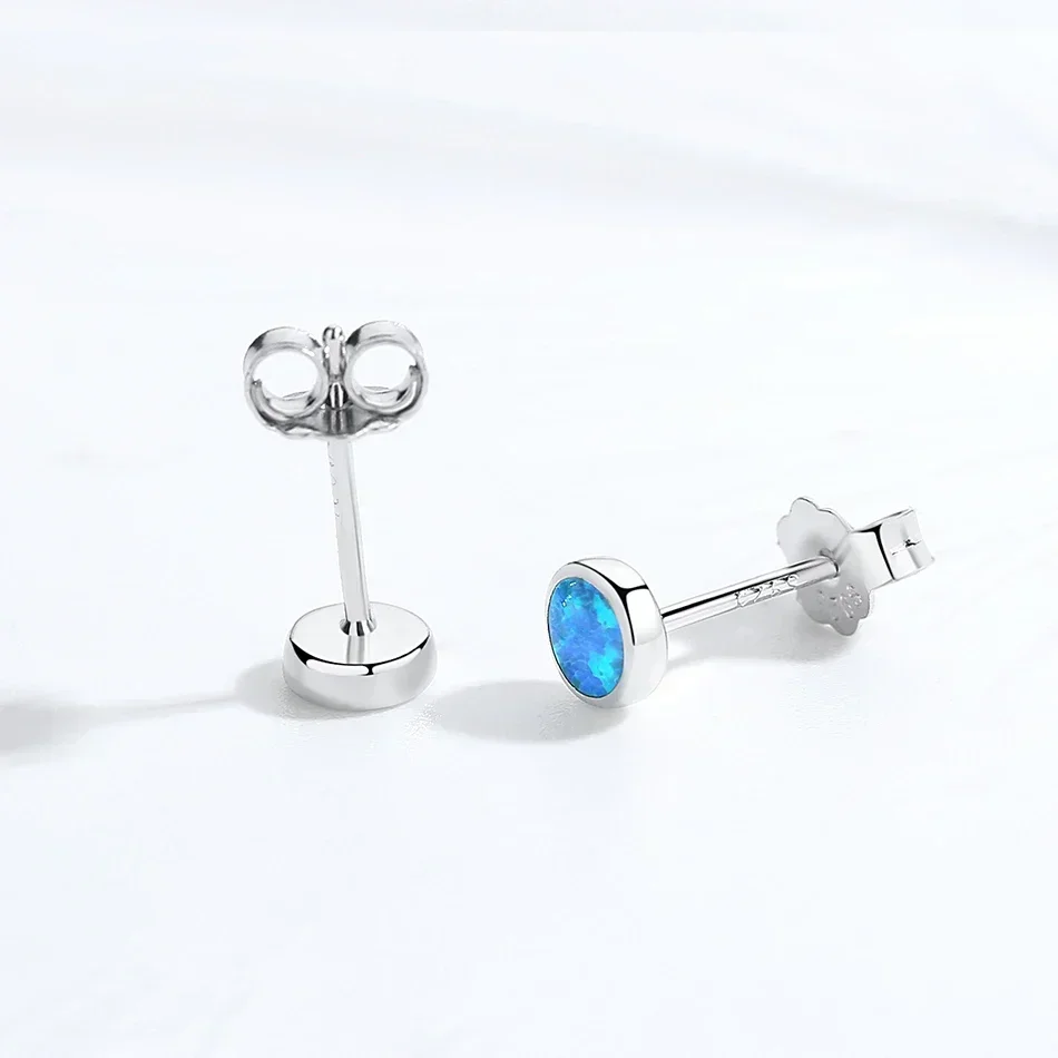 KALETINE Blue Opal 925 Sterling Silver Stud Earrings For Women Gift Back for Tiny Earrings Fashion Jewelry 4mm/5mm/6mm/7mm/8mm