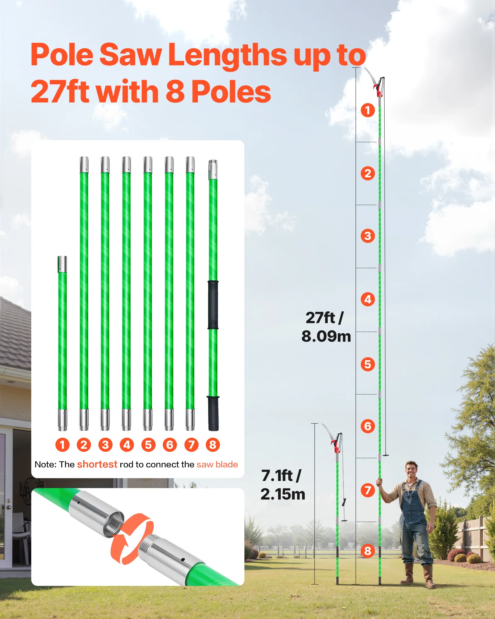VEVOR Manual Pole Saw 3.87-27 ft Extendable Pole Tree Pruner with Scissors Sharp 65Mn Steel Blade for High Branch Trimming