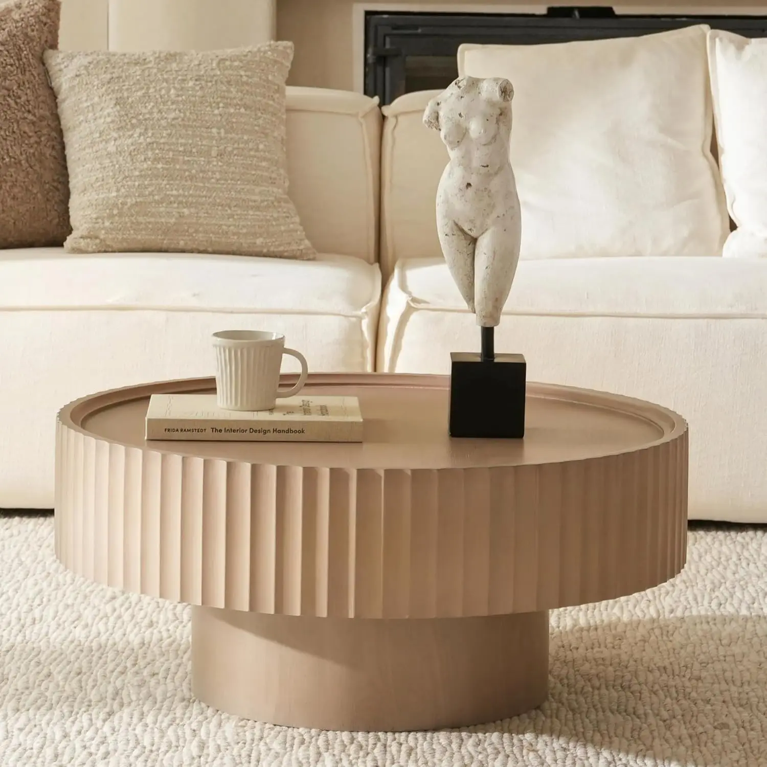 Fluted Drum Coffee Table 30.3in Round Solid Wood Veneer Accent Center Storage Living Room Farmhouse Grayish Pink, Customized