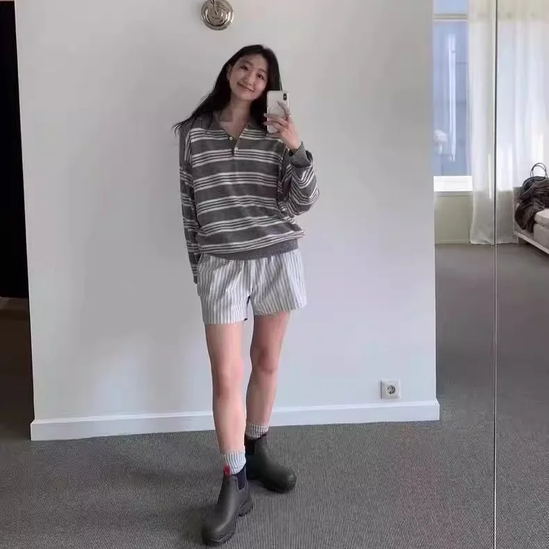 

Lazy Sle Striped Knitwear Spring Summer New Arrival Women's Long Sve Turn-down Collar Comfortable Fit Casual Top