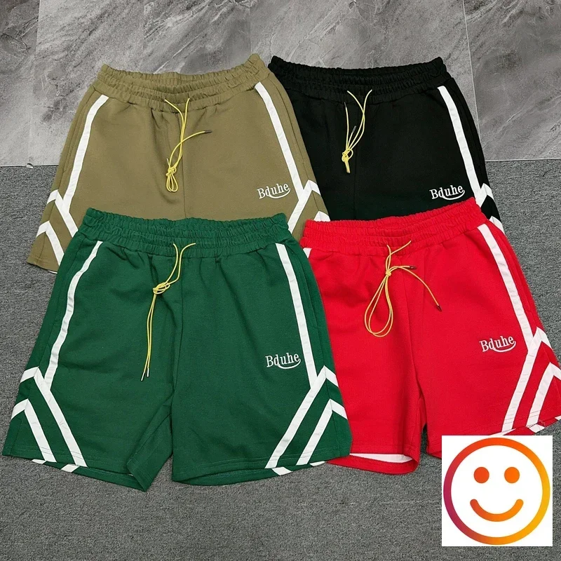 Embroidered Ribbon Letter Color Blocked Striped Shorts 2025 Summer Men Women Loose Casual Drawstring Sports Shortpants Breeches