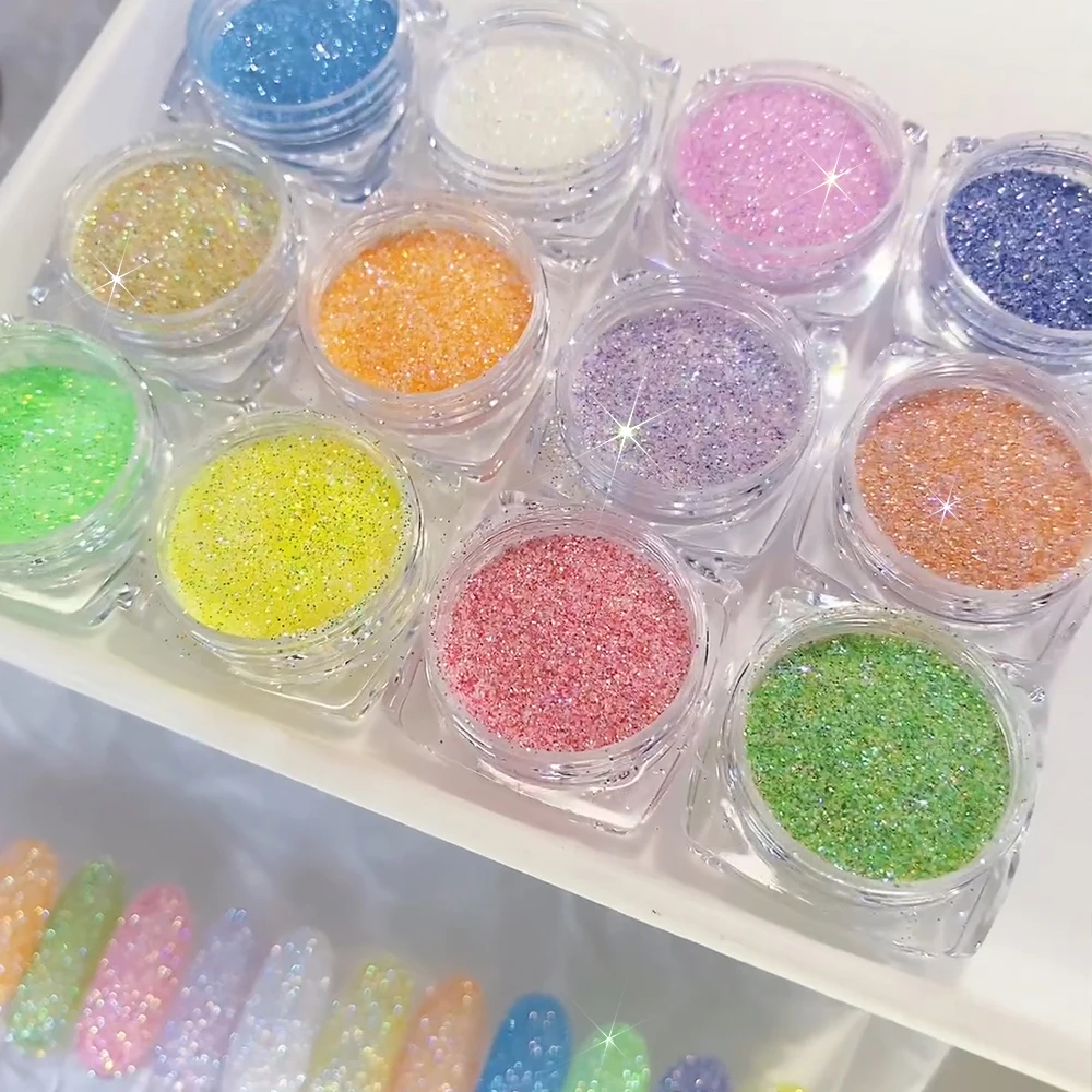 12 stks/set Fijne Iriserende Vlokken Nagel Pigment Stof Regenboog Snoep Suiker Nagel Glitter Poeder Elegante Bruiloft Manicure Decoraties *
