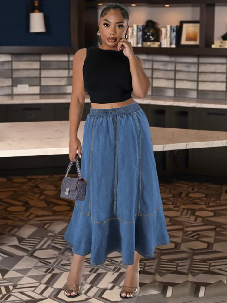 Plus Size Spring Summer Long Fishtail Skirts Women Ruffle Pleated Loose Fashion Ladies Skirts Elastic High Waist Woman Skirts