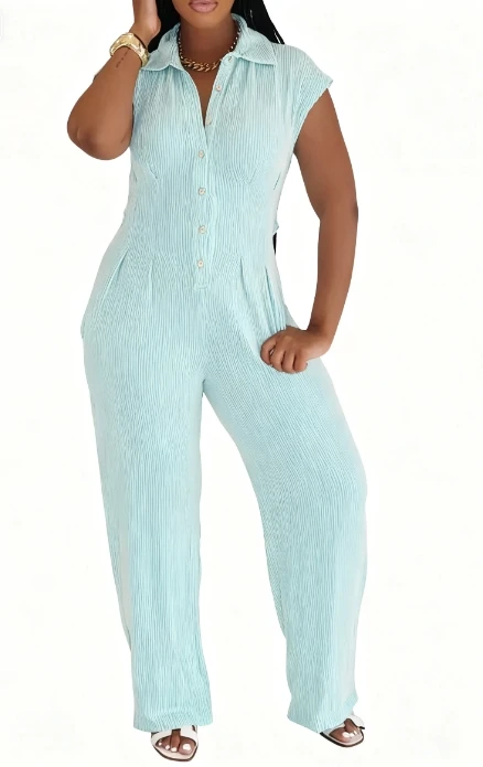 

Women's Casual Collared Jumpsuit, Button - Front Design with Short Sleeves and Wide Legs, Perfect for Daily Wear and Summer Days