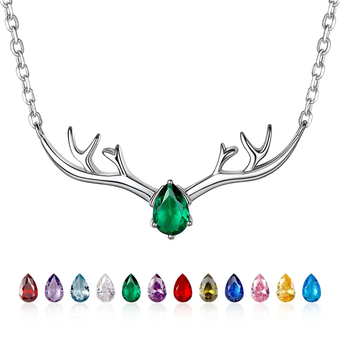 U7 925 Sterling Silver Deer Necklace with Teardrop Birthstones Antler Horns Water Drop CZ 12 Months Birthday Gift for Her QC24