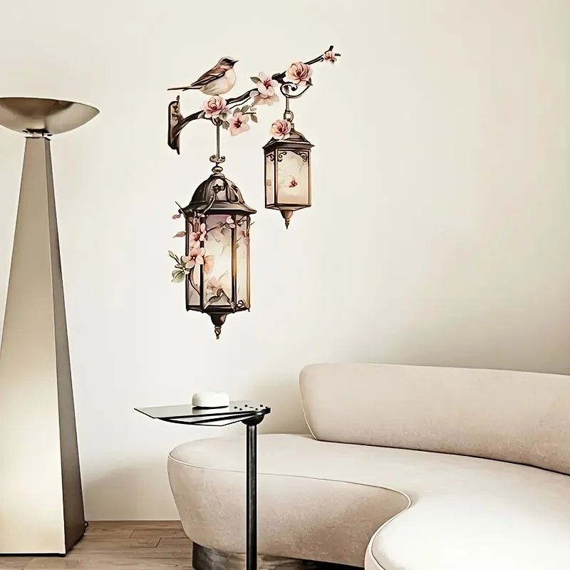 2D plane, 1 bird and flower street lamp sticker, removable self-adhesive PVC decoration, suitable for bedroom living room home w
