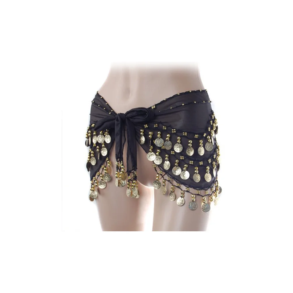 

128Pcs Belly Dance Indian Hip Scarf Black Hand Crocheted Coins Beads Loud Sound Elegant Belly Dance Skirt Wrap