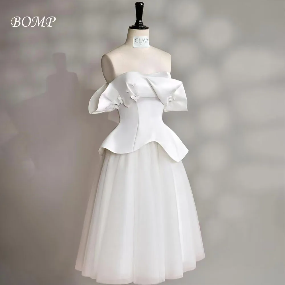 

BOMP Elegant White Wedding Party Dress Off Shoulder Pleat Draped A-Line Tea Length Tulle Birthday Prom Gown Customized Classic