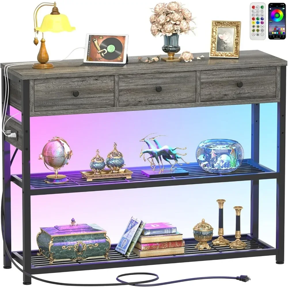 Console Table  with Power Strip, Entryway Table with  LED Lights, Storage Drawers, Sofa Tables  for Living Room, Couch, Hallway