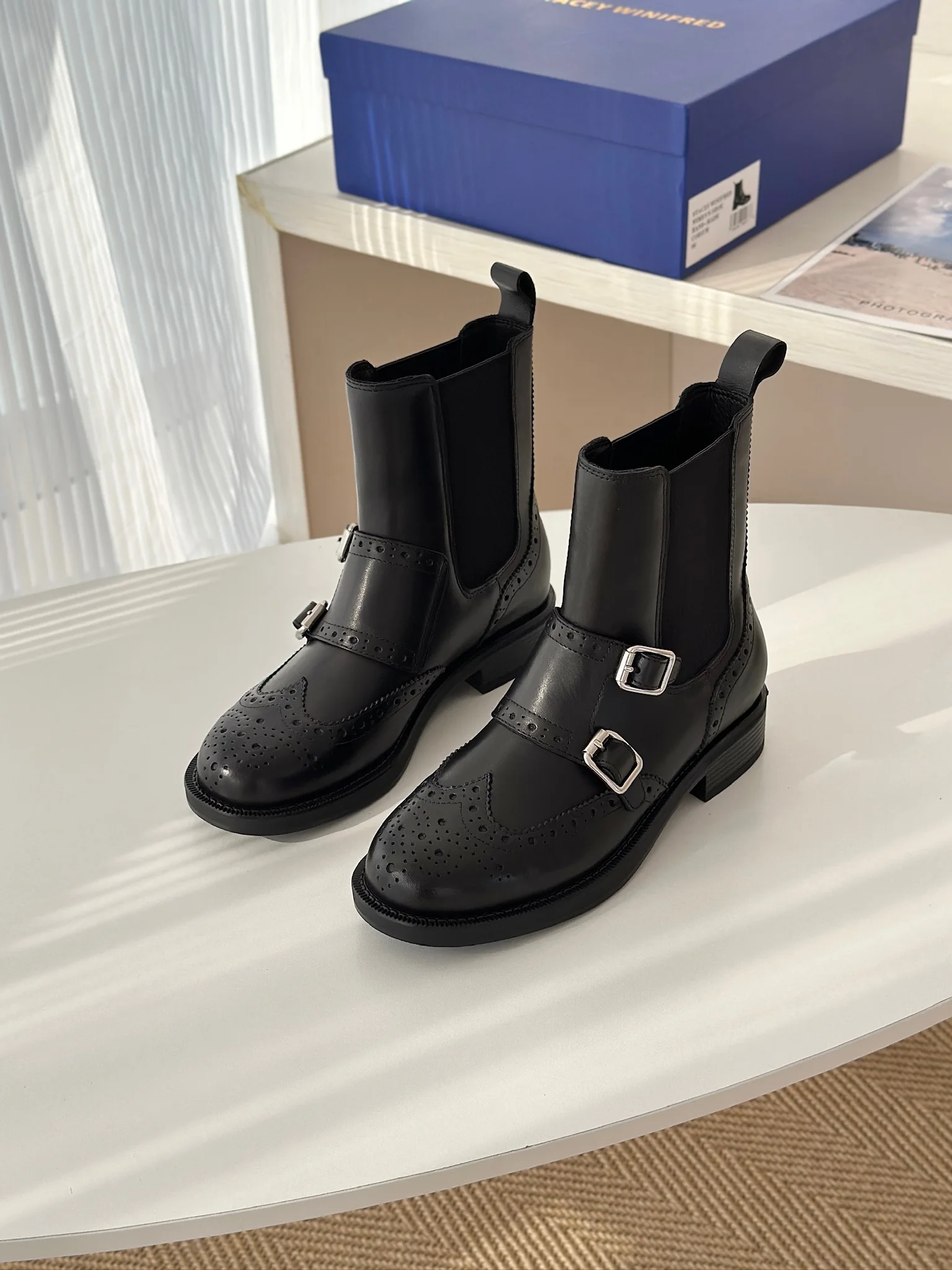 Picture 6: Women Brogue Chelsea Boots Black Genuine Leather Ankle Boots Elastic Side Panels