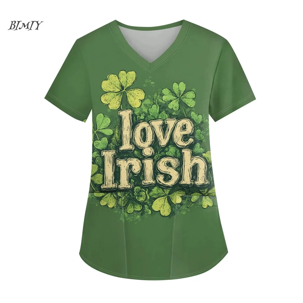 Uniforme médical pour femmes de la Saint-Patrick, hauts pour femmes, uniformes d'infirmière à manches courtes imprimés d'amour, t-shirt haut graphique vert 2025