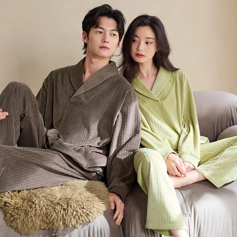 

Island Velvet Men Pajama Sets Solid Flannel Sleepwear Couples Winter Suit Full Sleeve Coral Fleece Pyjama Women Pyjamas Lovers