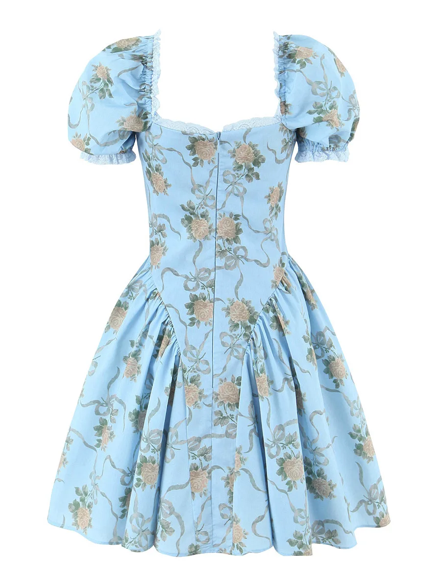 레트로 레이스 스플라이싱 슬림핏 스퀘어 넥 버블 소매 플로럴 드레스 여성 허리 조절 미니 숏 스커트 프린세스 드레스