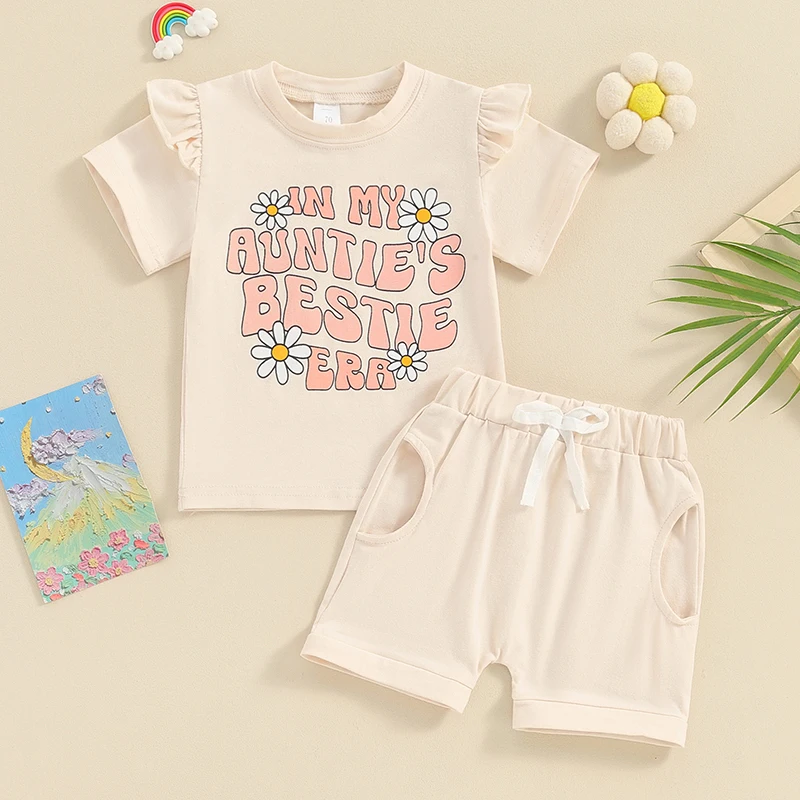 

Toddler Baby Girl Summer Outfit Aunties Bestie Era Ruffle Short Sleeve Daisy T-Shirt Tops Shorts 2Pcs Clothes Set