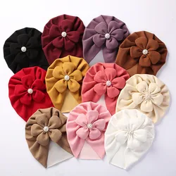 Gorro turbante de Cachemira con flores para bebé, gorro elástico suave para niño, gorro de Color sólido para niña, gorros para recién nacido, invierno y otoño