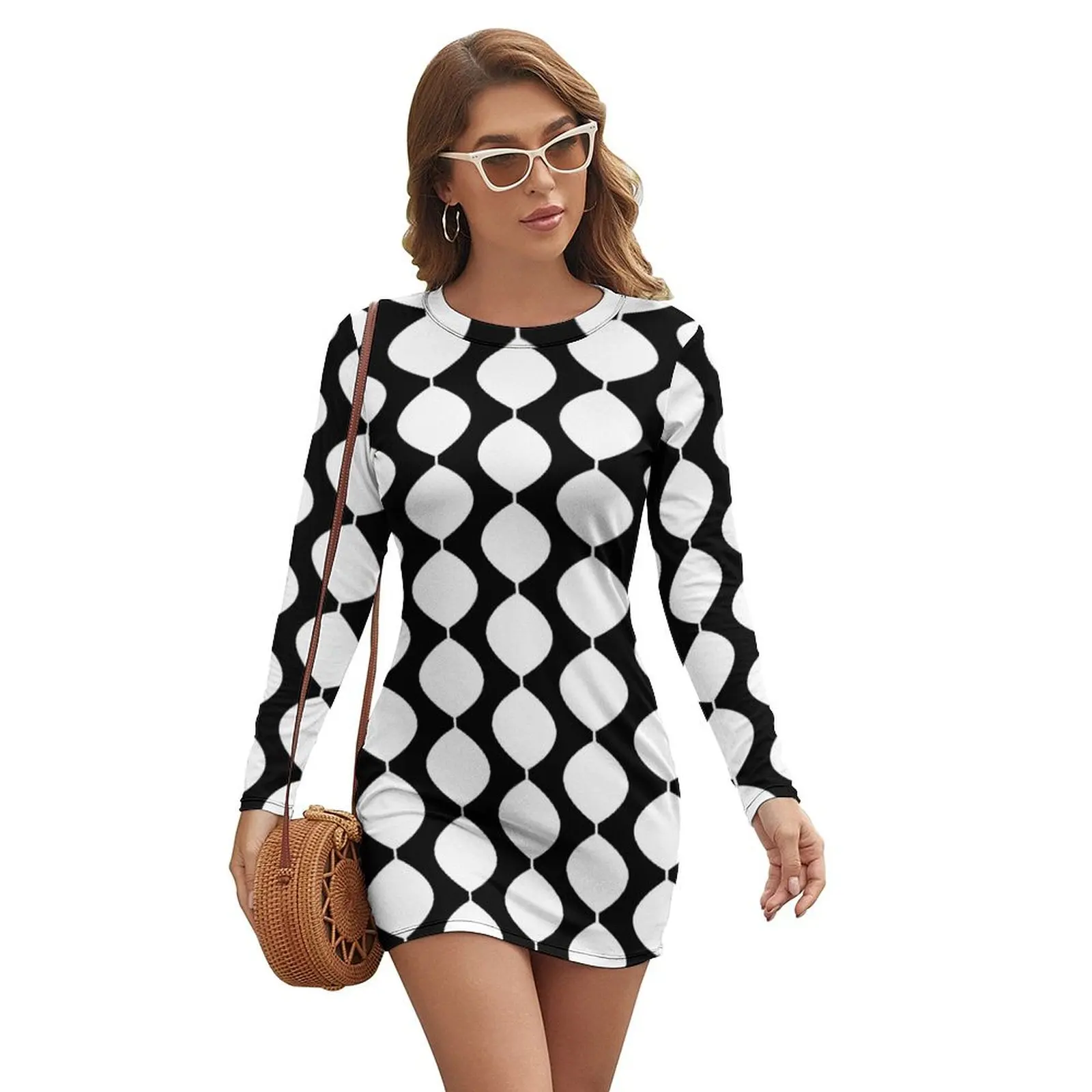 

Mid Century Modern Retro 60s Waves Pattern (White) Long-sleeved Dress women dress evening dress women cocktail dresses