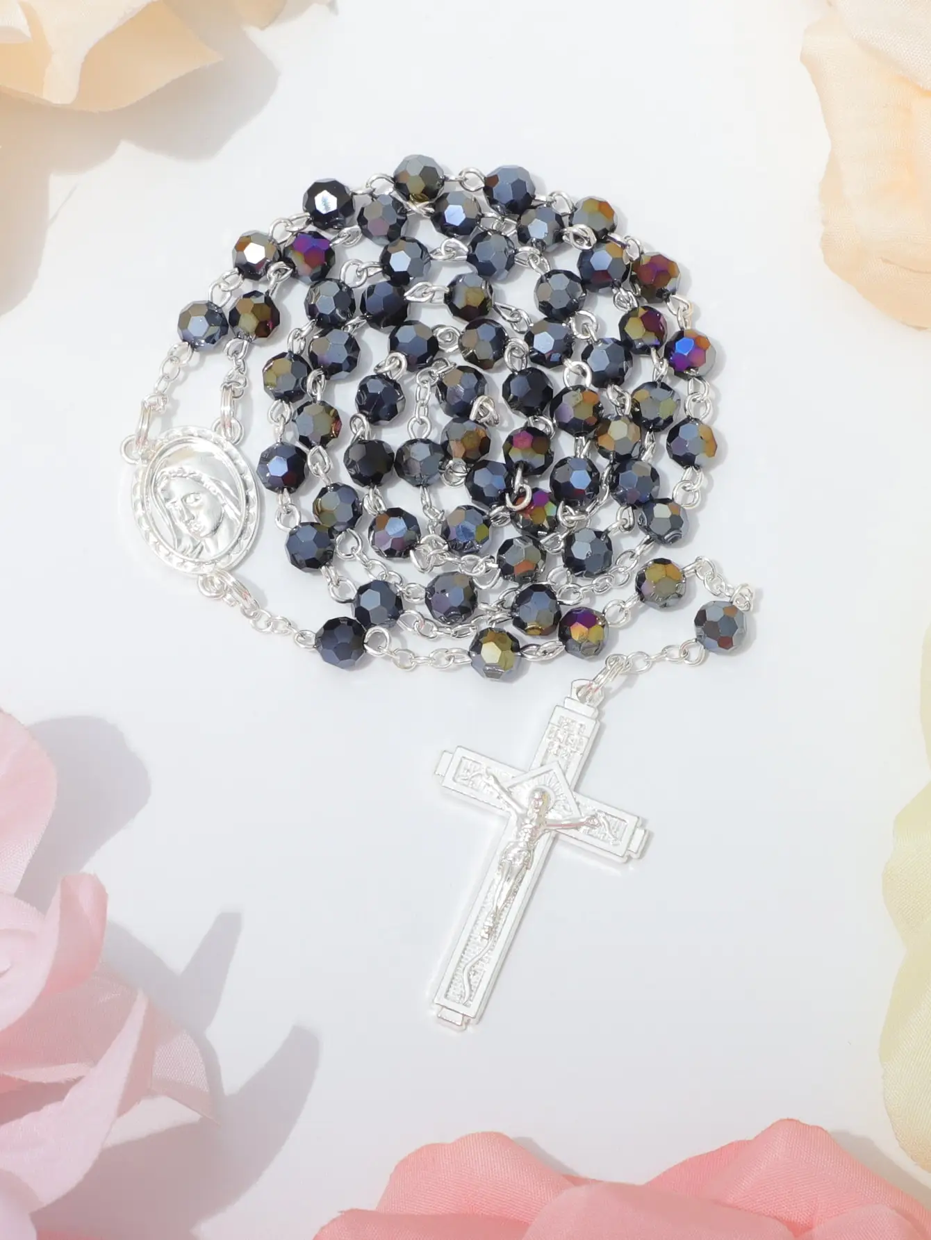 Catholic Rosary Necklace Crystal Beads Crucifix Pendant Fashion Religious Jewelry for Men Women Girl Baptism Gift