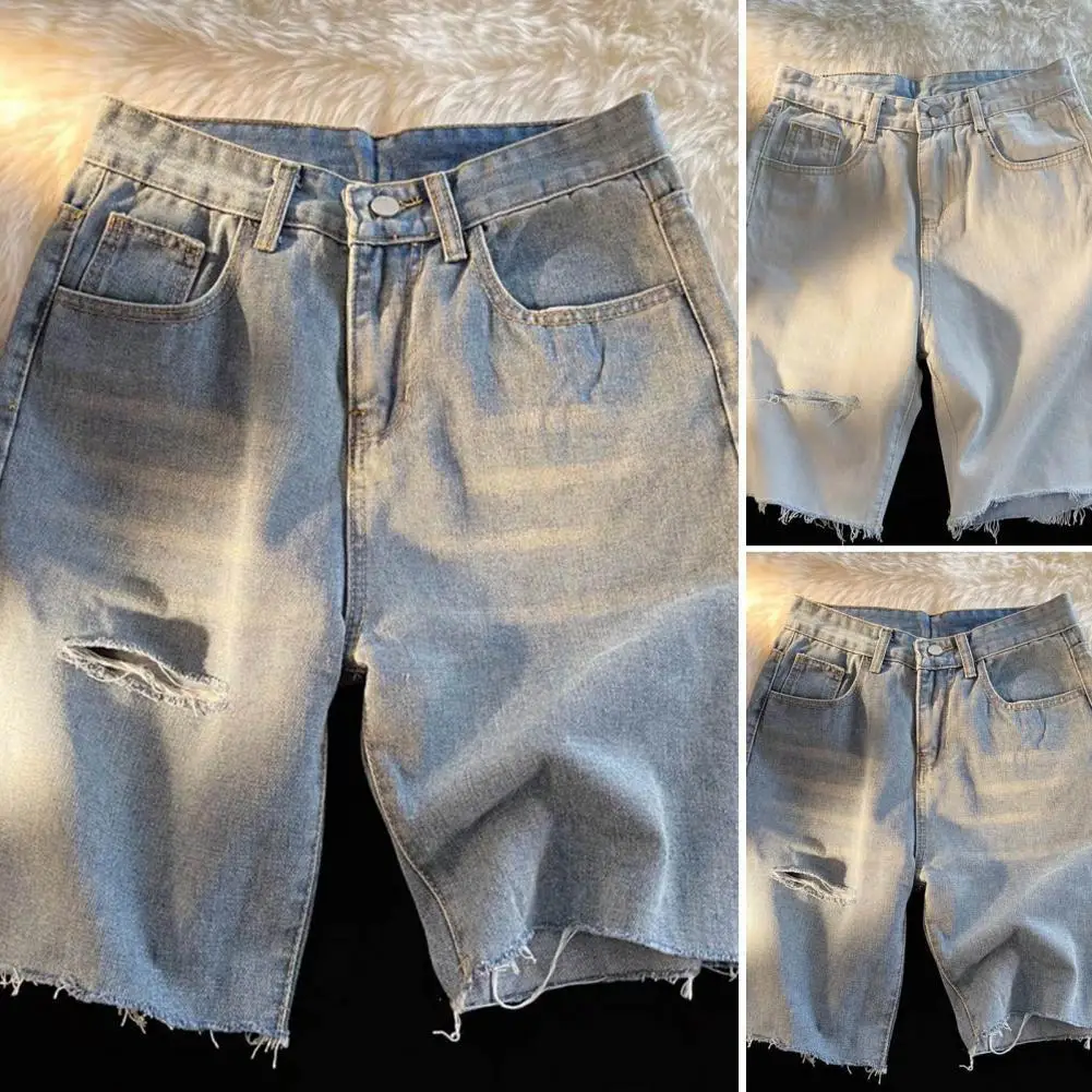 Plus Size Men Denim Shorts Ripped Pockets Stretchy Burr Broken Hole Bottoms Short Jeans for Men Summer