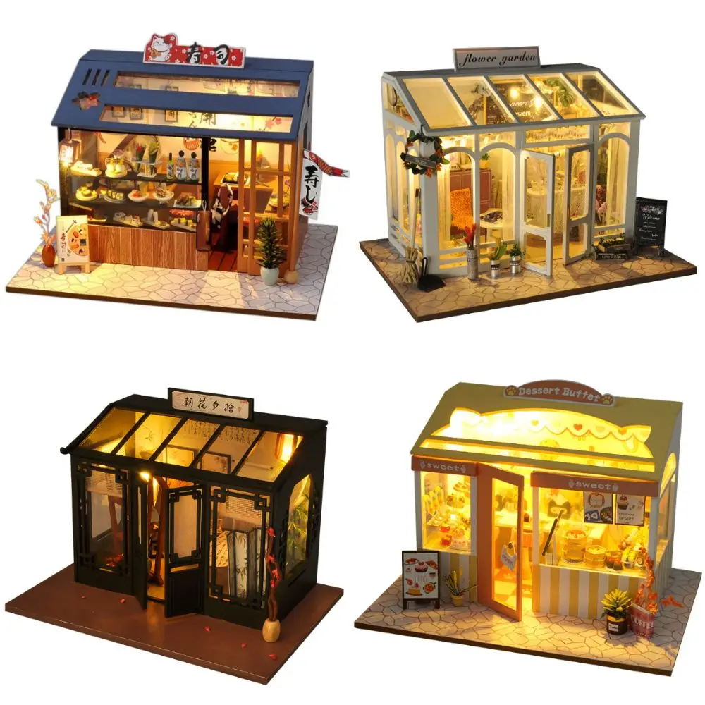 

Multicolor Handmade Assembly Shop Models Japanese Sushi Cake Flower Shop DIY Dollhouse Wood Model Toy Miniature Doll House Toy
