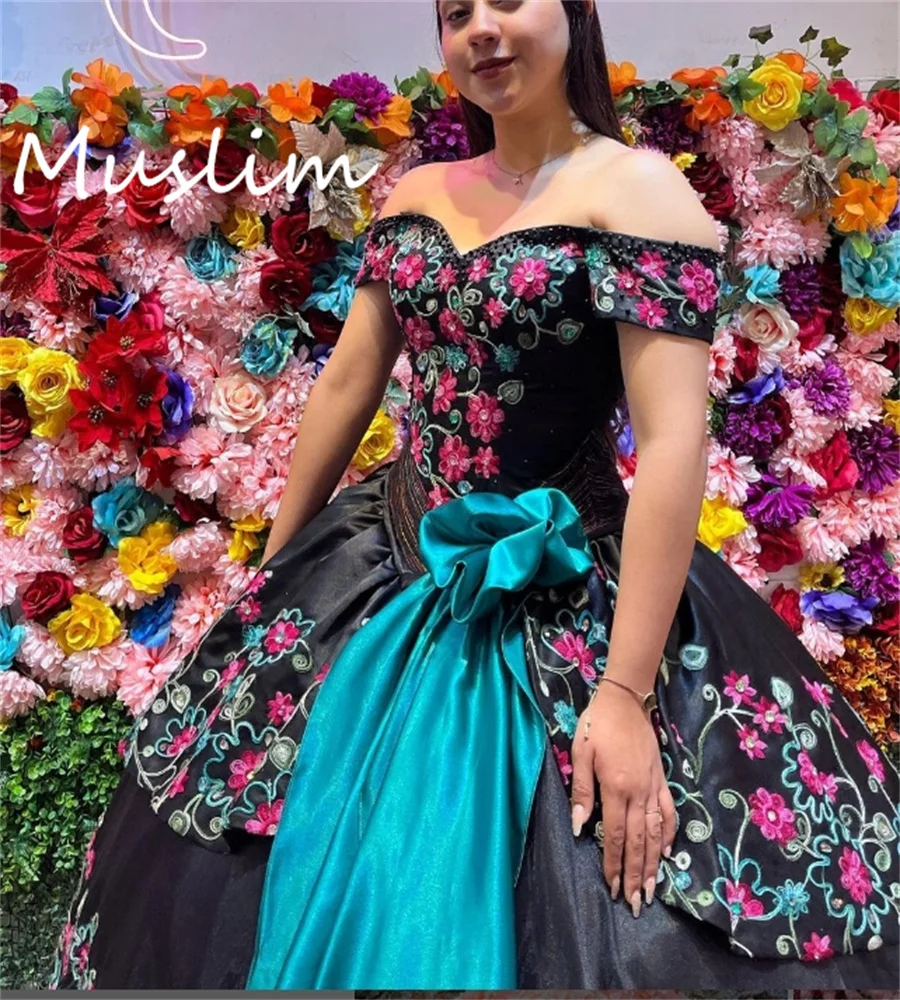 Customized Black Mexican Quinceanera Dress 2024 Teal Blue Sash Elegant Emboridery Ball Gown Birthday Dress Sweet 15 Charro Prom