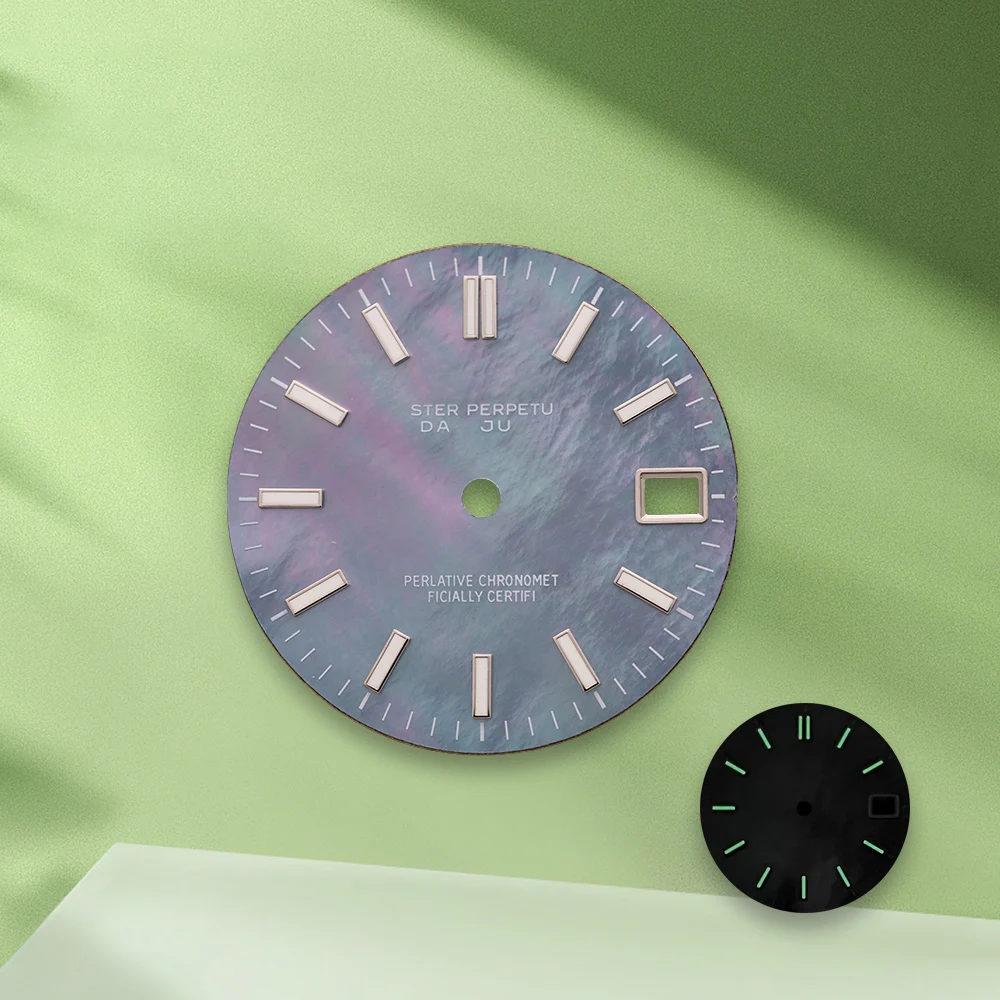 28.5mm S Logo journal NH35 Mother pearl Dial No Hands Fit NH36 Movement Green Luminous Watch Modification Accessories