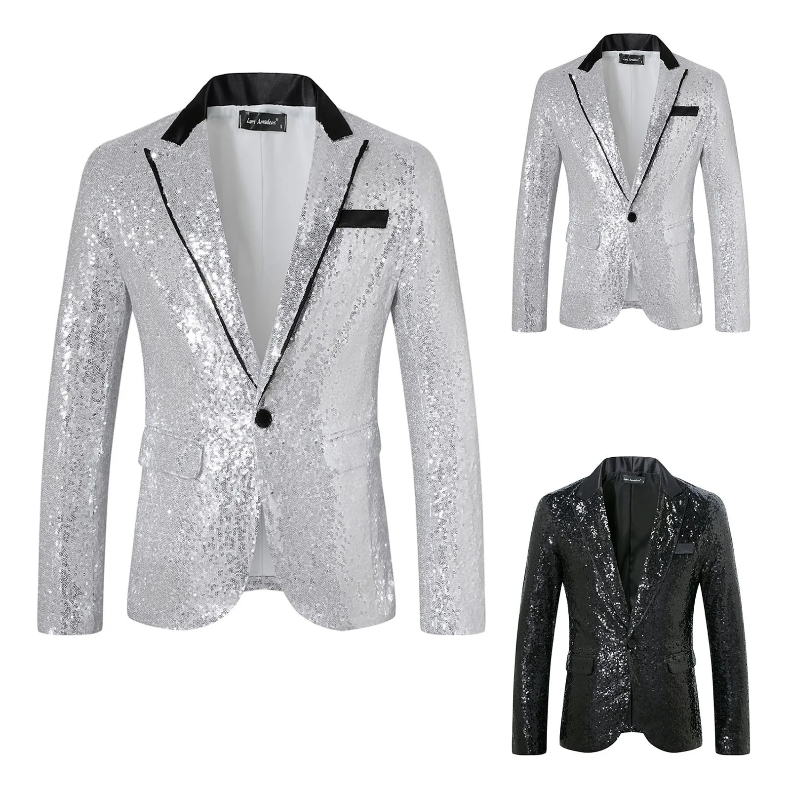 Men's Silver Black Shiny Sequins Blazer,Wedding Party Dress Coats Suit Jacket Luxurious Sequin Suit Gentleman Formal Glitte Suit