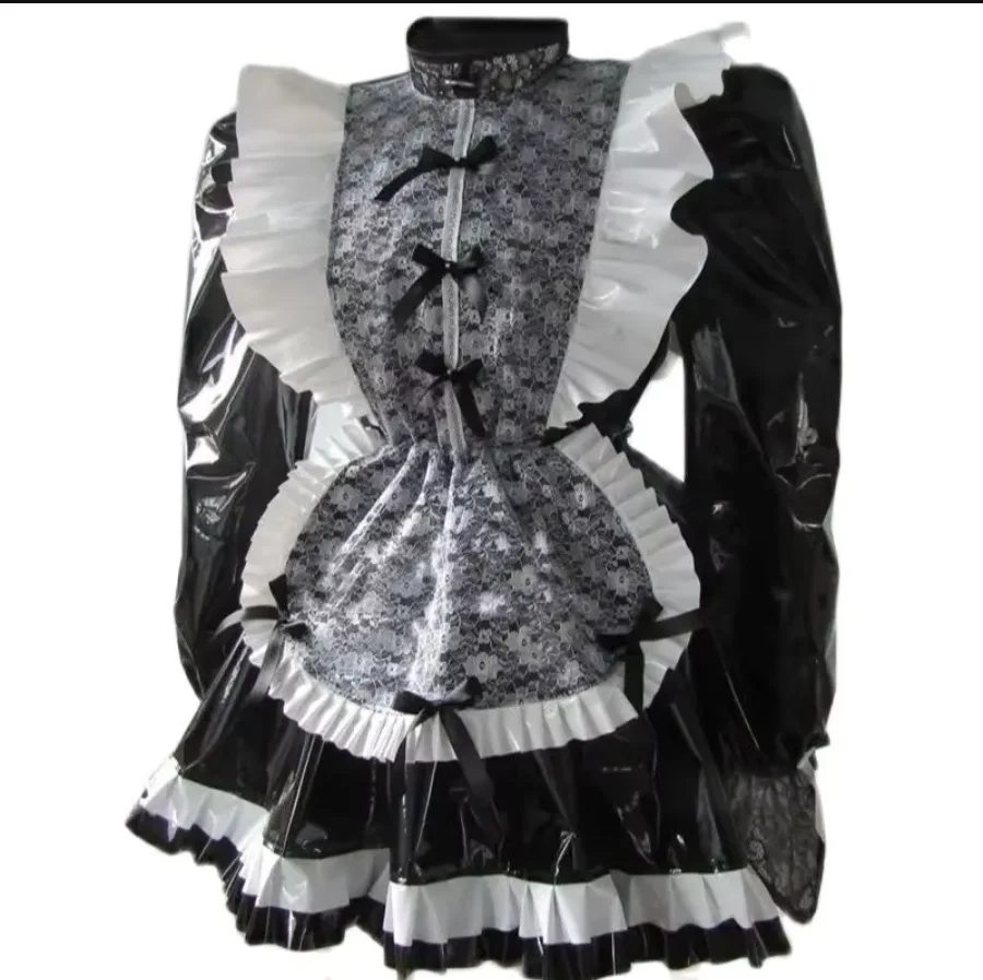 

Smooth Shiny Black and White Patchwork PVC Chest Lace Bow Embellished Shoulder Fluffy Long Sleeved Sissy Dress