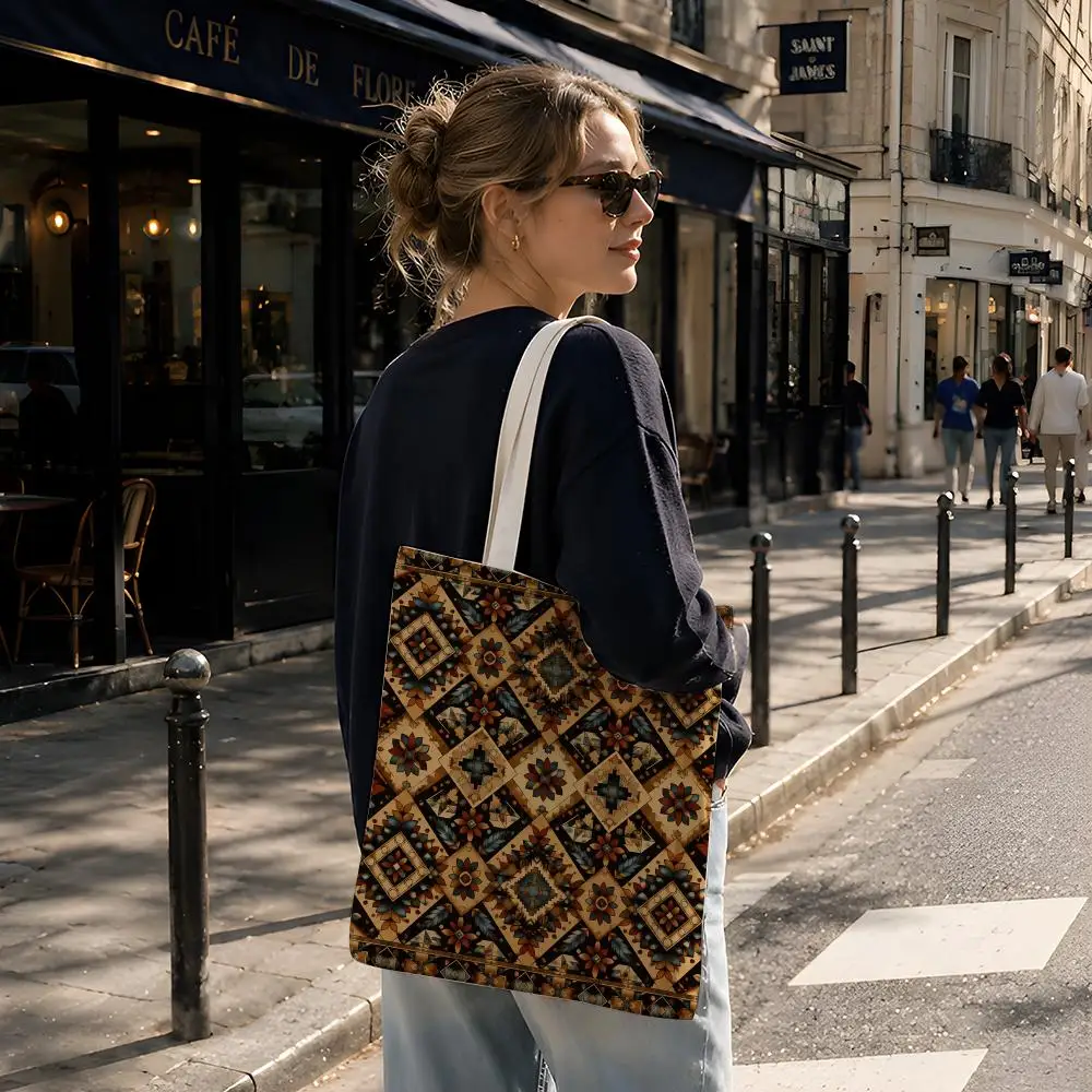 Pattern Tribal N-Navajo Textile Art Storage Bags Reusable Canvas Tote Suitable for School Class Commuting Shopping as Gifts