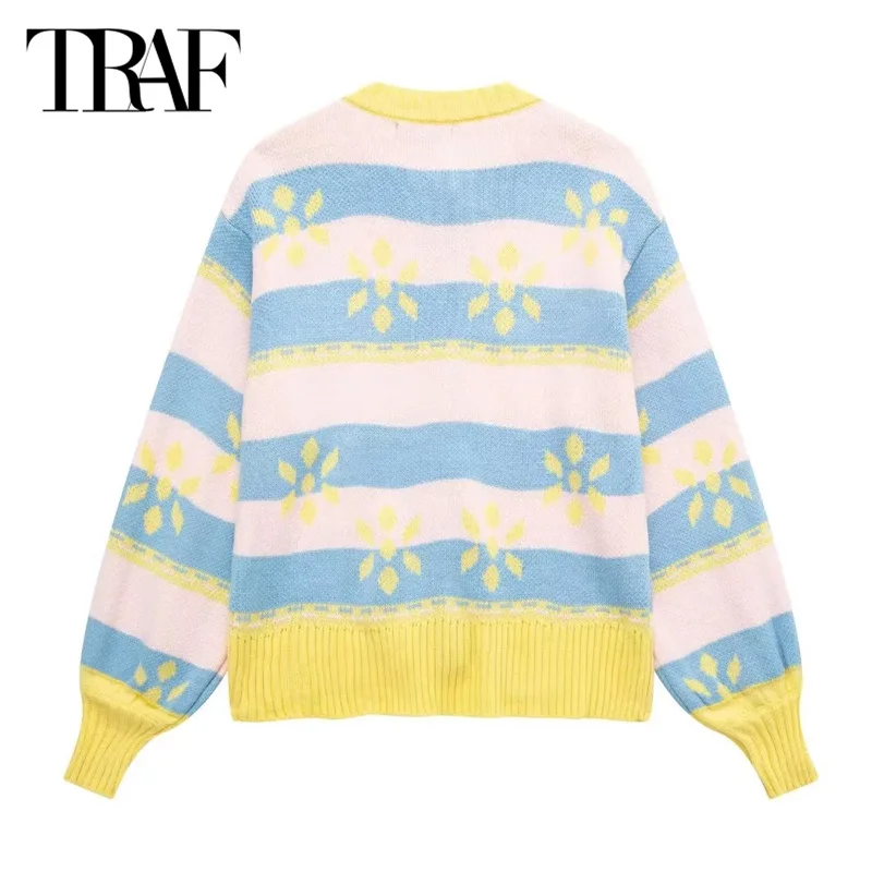 TRAF Outerwears 2024 Spring Autumn Women Floral Printed Knitted Coats Ladies Fashion Casual Cute Long Sleeve Knitwear Coat