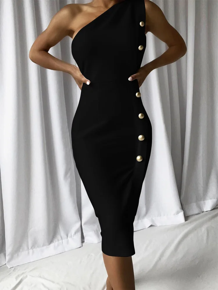 

Ele Bla с запахом на одно плечо Повседневное вечернее платье с металлическим синим средней длины, облегающее платье для различных случаев