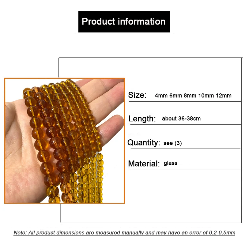 Hot Amber Glass Natural Loose Round Stone Spacer Beads Crystal For Jewelry Making DIY Bracelet Earrings Handmade Accessories