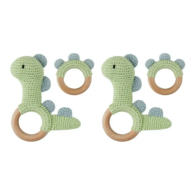 

Baby Wooden Teether Ring DIY Crochet Dinosaur Rattle Infant Nursing Teething Toy