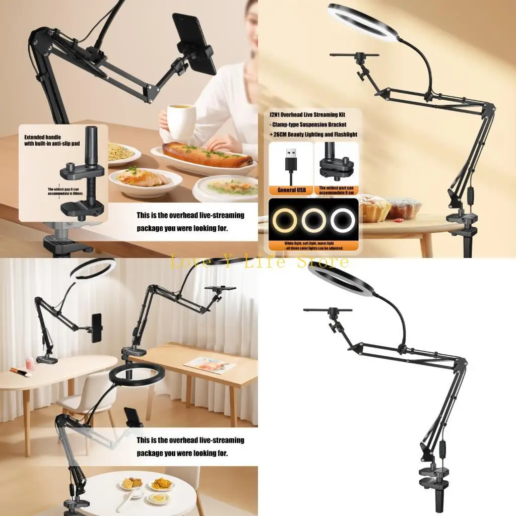 

L74C Overhead Camera Mount with Rings Light 360 Rotating Metal Arm Phone Holder Video Recording Phone Mount Enduring