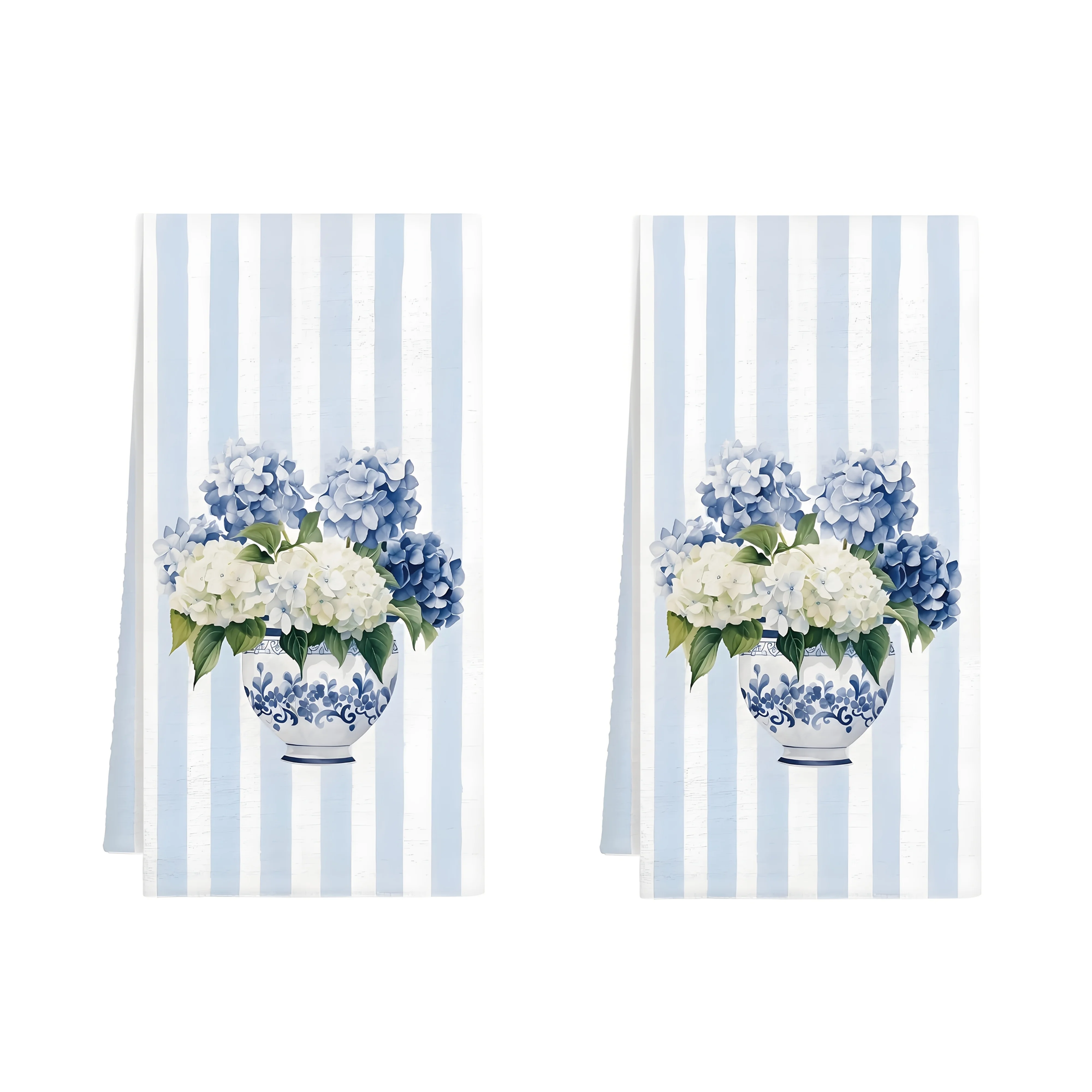 2 blue and white hydrangea kitchen towels, designed with Chinese stripes, with strong water absorption