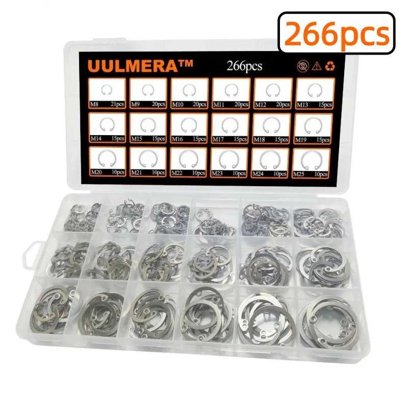 UULMERA 266pcs Internal Circlip Snap Ring Assortment 304 Stainless Steel 18 Sizes C-Type Metric Retaining Rings M8-M25 for Bore