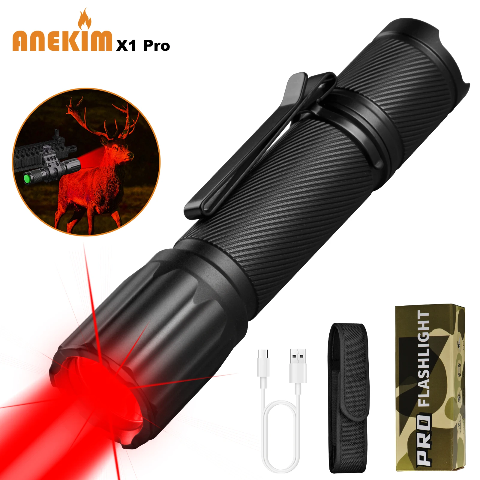 X1Pro Red Hunting Light 200m Wide Angle Spotlight 800 LM Predator Light  Compact Tactical Flashlight for Coyote Fox Wild Boar