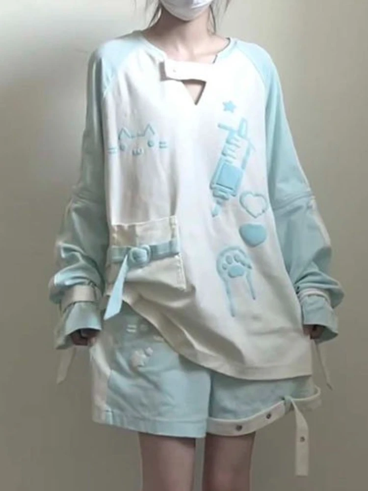 Kawii لطيف الكرتون المطبوعة تيز المرأة طويلة الأكمام هوديي المرأة الخريف فضفاض الأزرق اللون سترة القمم 2025 موضة جديدة معطف الإناث
