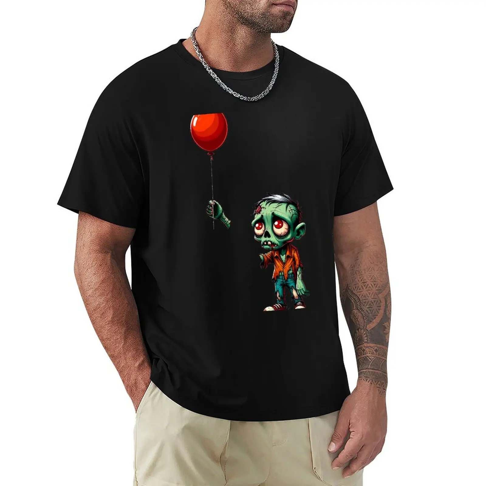 Sad Zombie and Balloon T-Shirt Summer Print Short Sleeve Tee