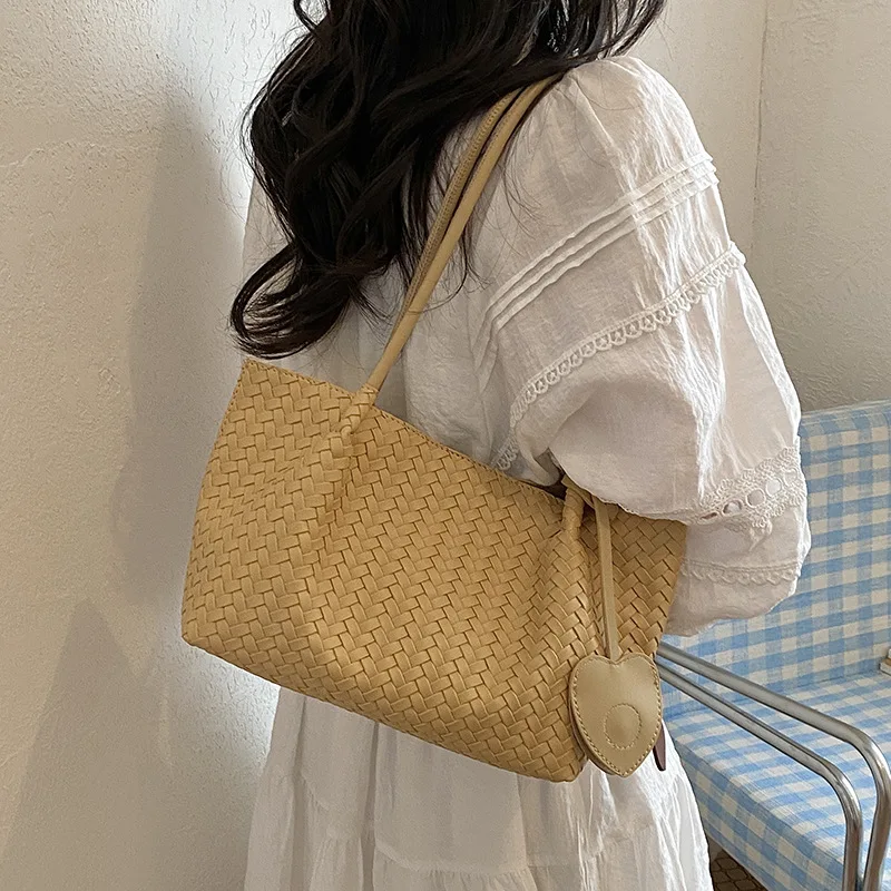 Woven Tote Bag Women Large Capacity PU Leather Shoulder Bag Soft Hobo Handbag Commuter Purse with Matching Pouch