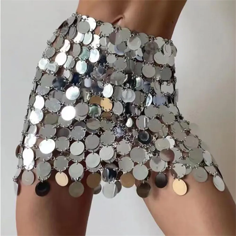Minifaldas de lentejuelas brillantes para mujer, faldas sexys de doble capa ahuecadas, parte inferior corta lisa, para club nocturno, fiesta,