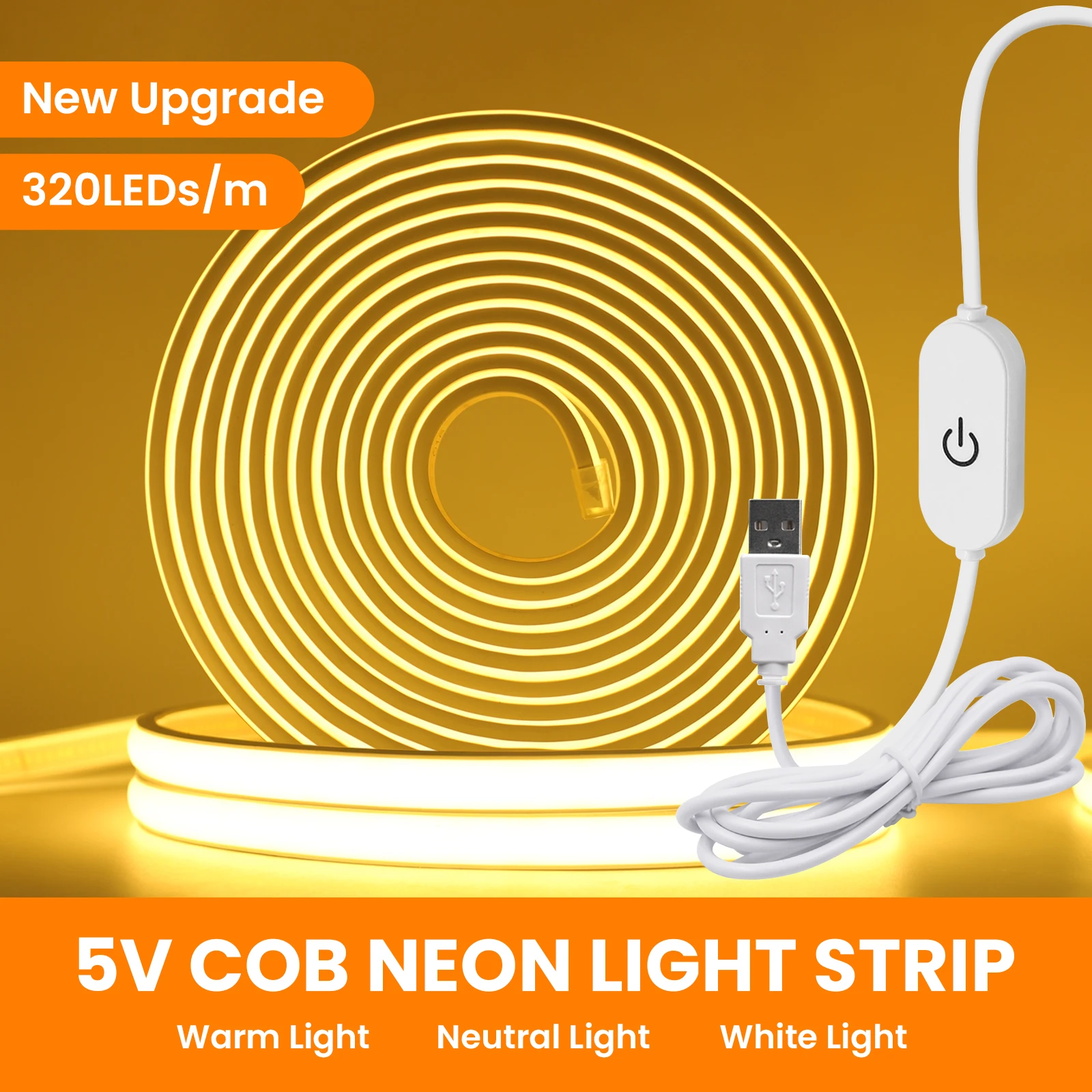 5V USB COB LED Strip with Touch Switch 320LEDs/m Waterproof Warm Natural White Flexible Tape Light for TV Backlight Room Decor