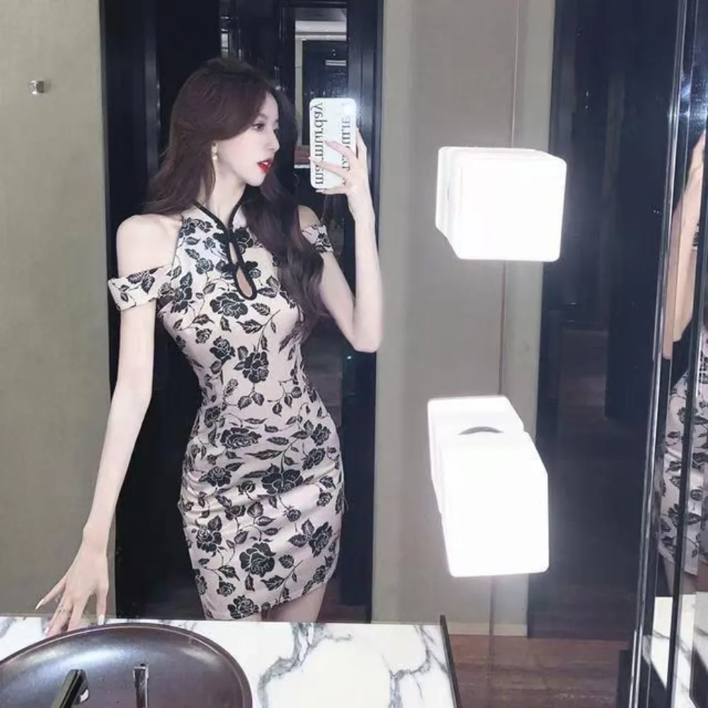 Sexy Improved Qipao Dress for Women 2026 New Style Fashion Hollow Out Slim Fit Bodycon Hip Wrap Mini Dress for Petite Ladies
