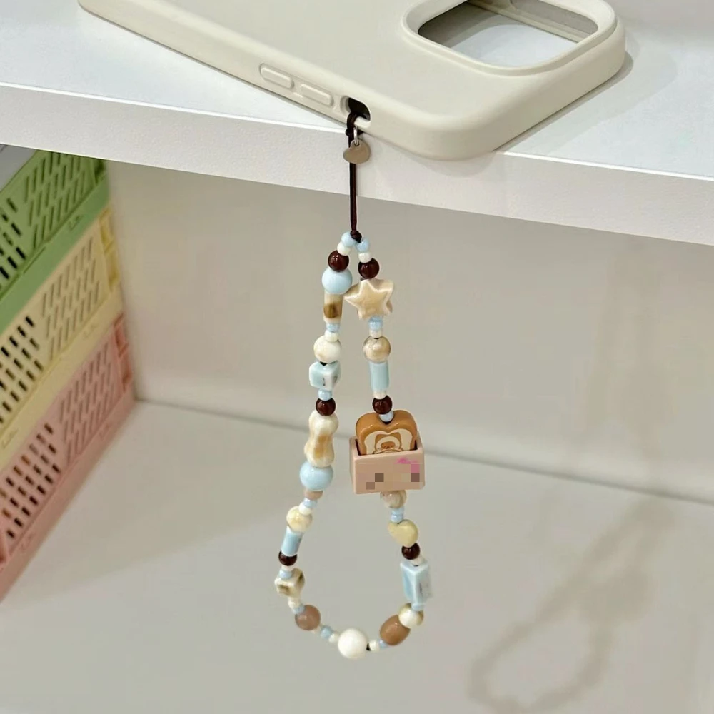 Cute Milky Blue Toast Phone Charm Strap Anti-lost Camera Lanyard Colorful Bead Pendant Keychain