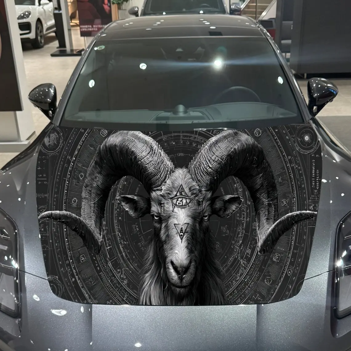 Giant-horn Sheep Print car hood stickers, waterproof self-adhesive, scratch resistant, easy to stick, durable car PVC stickers,