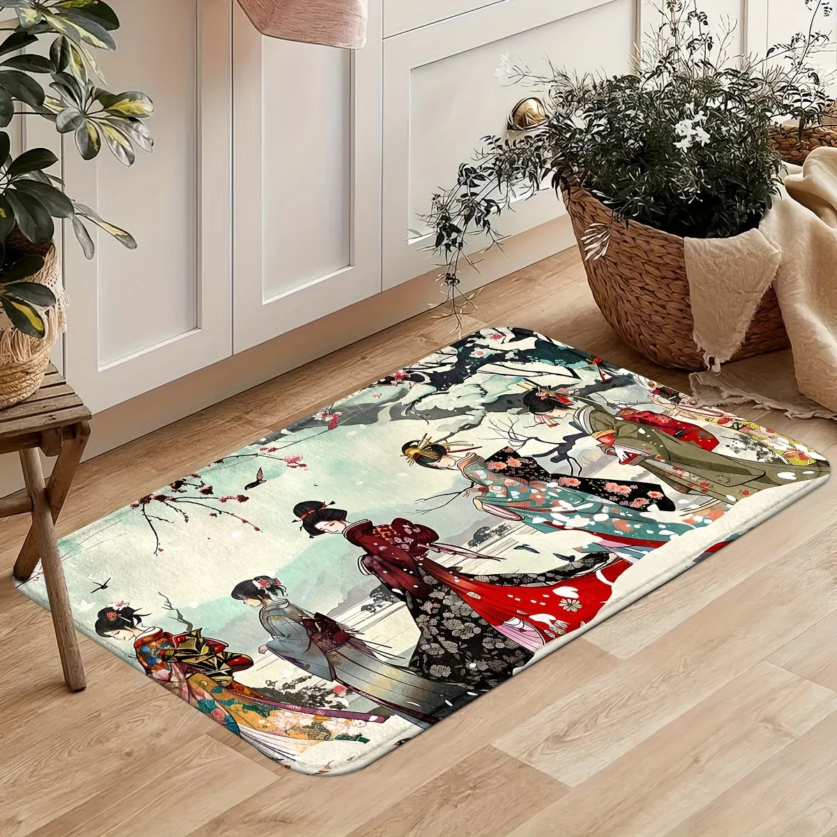 Japanese Ukiyo-e Geisha Kitchen Runner Rug Set, Vintage Cherry Blossom Samurai Non-Slip Absorbent Floor Mats for Entryway
